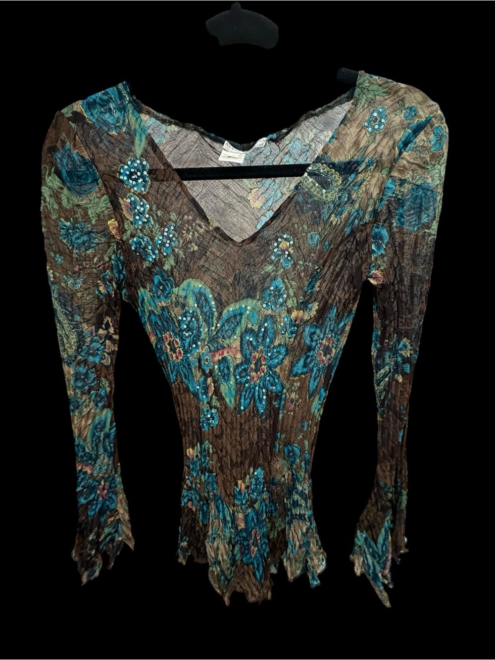 Alberto Makali Floral Crinkle Sheer Ruffle Top Brown Blue Small S